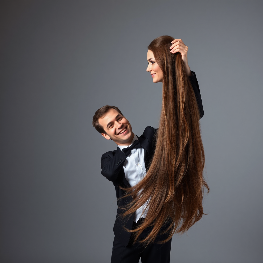 A surreal image of a smiling male magician standing to the side while holding up the disembodied head of a very long haired Kate Middleton. He is grabbing her very long hair and pulling it up high in the air, while her head is hanging by her hair from his grasp to display it to the camera. Plain gray background.