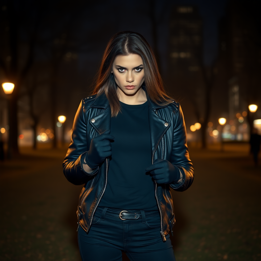 A beautiful angry female burglar in a black leather jacket over a black t-shirt with black pants and gloves in Manhattan park at night.