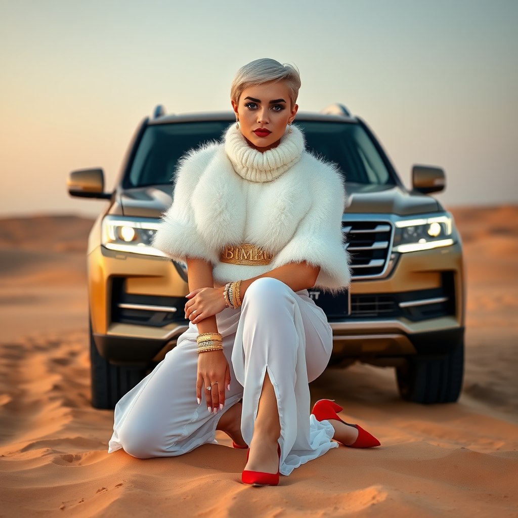 Kuwait desert dunes misty dawn, full size luxury SUV: Melissa, European 17 years old very convincing femboy “trophy-bimbo”, tamed servile docile, very beautiful feminine flawless face, rather short, by hormones very curvaceous womanly figured, platinum blond short tight curls, bold red lips, long white French nails, heavily made-up face, wearing Supertanya-style fluffy very fuzzy bright white angora turtleneck-poncho cropped ending under bust decorated with pearls and glass stones, striking oriental wide gold bridal protection belt, white fully transparent harem pants, bright red pumps with golden very high heels, full Oriental bridal jewelry including headpiece, nose-ring, coin wristlets, coin anklets, striking diamond “Bimbo” letter brooch on left chest, thick heavy pearl wristlets, pearl anklets, pout frustrated, kneeling in sand in front of SUV, looking at camera. Focus on face and turtleneck-poncho.