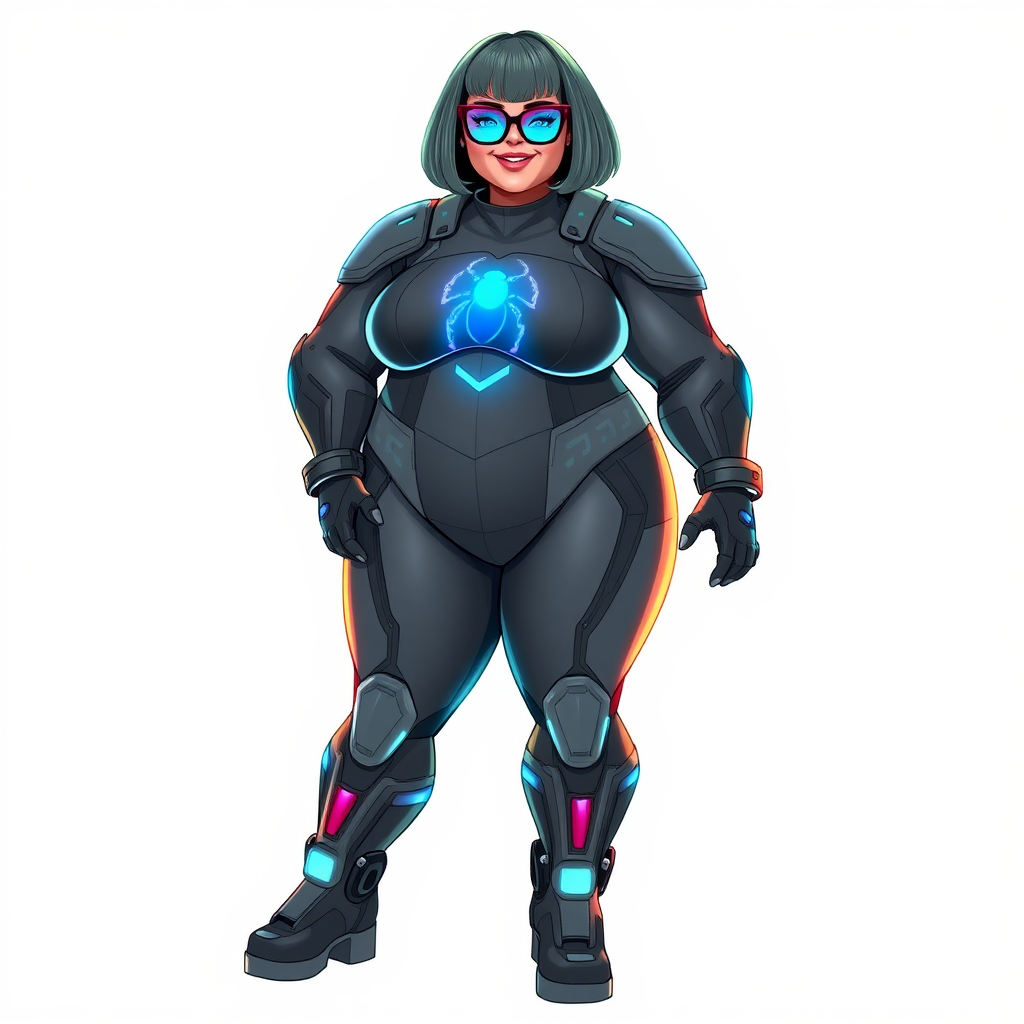 A heavily, extremely, and intensely pampered nerdy full-figured middle gray digital sidekick, a 28-year-old computer major, has been transformed by her doting vigilante boyfriend. Her distinct, metallic, middle gray skin and bob cut appear to blend together simulating computer data, and her neon blue eyes glow with intelligence. Her full-figured physique, now showcasing a gargantuan round midsection, colossal limbs, and broad shoulders, contrasted by a slim face, clearly reflects her indulgence and pampering. Her full figure is prominently highlighted, with her prominent, gargantuan, round midsection and colossal limbs emphasizing her pampered sidekick status. As the loyal and supportive sidekick, she plays a crucial role in their missions, using her digital prowess to assist and protect.

She wears a digital middle gray suit with a neon blue glowing scarab beetle chest icon, digital middle gray boots with neon blue glowing scarab beetle themed accents, and matching high-tech gloves with matching accents. She bashfully giggles with a neon red blush, emitting neon blue data cubes from her body. Her full figure clearly shows how pampered she is. Her nerdiness is accentuated by her black oversized eyeglasses.

Her outfit, influenced by DC’s Jennifer Knight Phantom Lady, remains distinct. Adding to her pampering, she serves as his minicomputer, traveling in his high-tech wristwatch and supercar’s computer system. Using her ability to hack into computers and machines, she relays crucial knowledge relating to his missions.

Her prominent, gargantuan, rounded midsection and massive limbs are on full display, emphasizing her indulgence and pampering while maintaining her nerdy physique. She is on a solid white background. She is drawn as if she was in a retro 2D cyberpunk fighting game. Ensure her midsection is round.