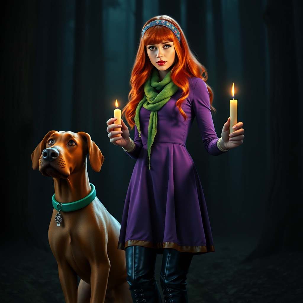 masterpiece, full body Daphne Blake, looks like Sarah Michelle Gellar, hyper realistic, realistic face, detailed face, wears headband and purple dress and green scarf, high boots, long red hair, is holding a lit up candle in the dark, next to a realistic dog that looks like Scooby Doo. She is in a very dark creepy forest. Marvelous, awesome, beautiful. Perfect hands, high detailed face, detailed skin, perfect eyes, eyeliner, large lashes, 60s look style, sexy, spicy look, scooby doo, front view, glitter