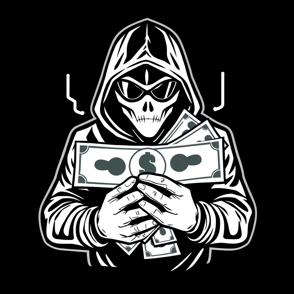 A logo art of a hacker holding lots of money. Black and white