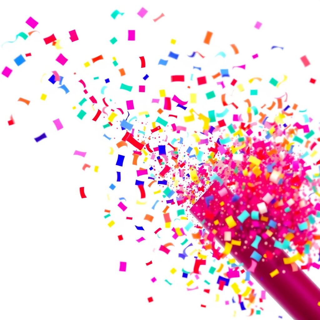 colorful confetti popper tube shooting big confetti into the air, at an angle, white background, realistic, beautiful