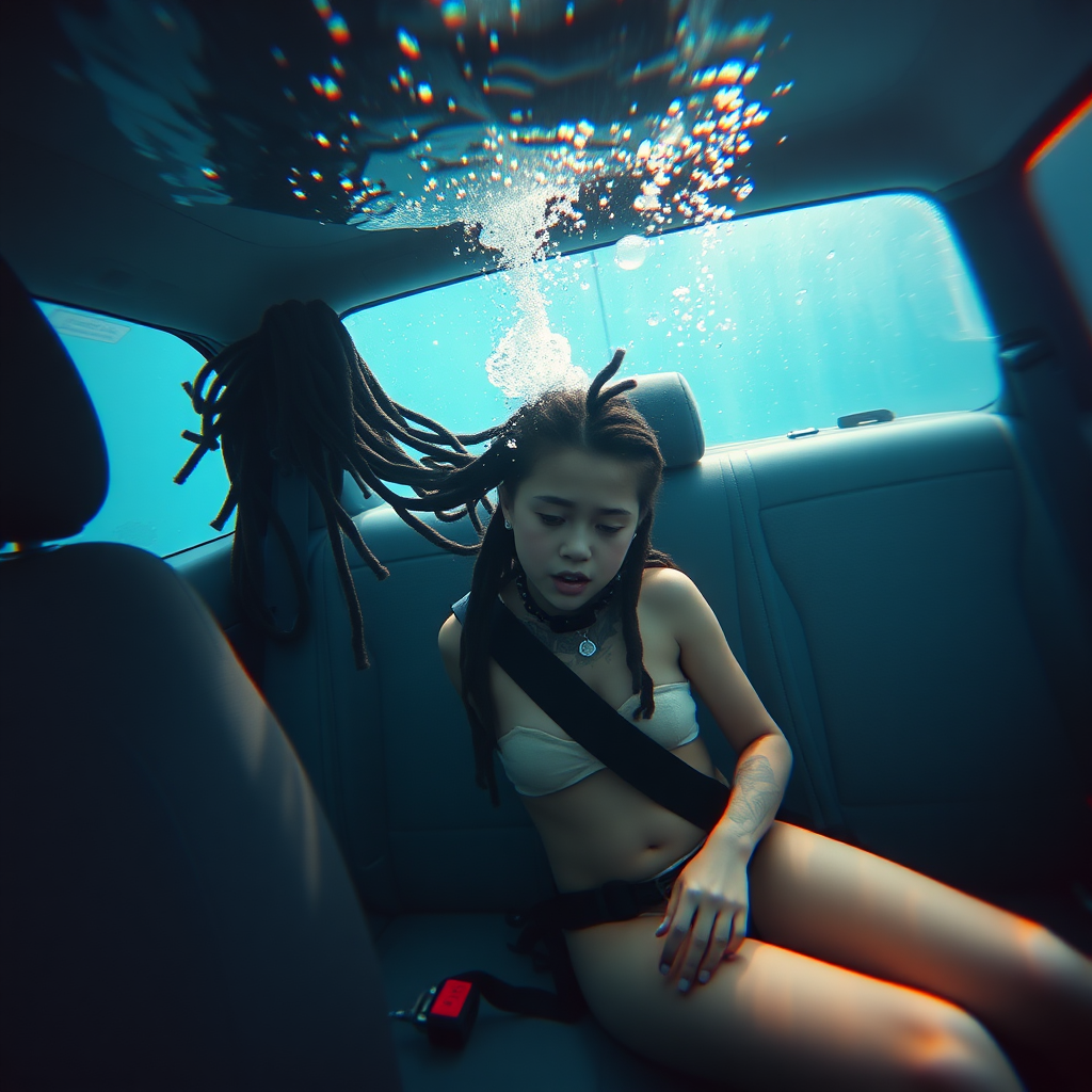 Underwater naked preteen with gravity-defying dreadlocks and tattoos struggling to hold her breath trapped in her seatbelt sitting in the backseat of a police car on the ocean floor