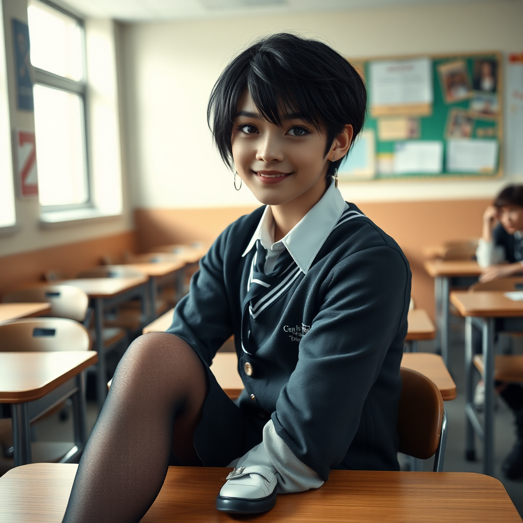 photorealistic, ultra high resolution, 16K, surreal fantasy, soft studio lighting, a pretty 16 year old goth male, slim male physique, short dark hair, blue eyes, goth makeup, earrings, sheer pantyhose, UK girls-school uniform, Mary-Jane shoes, sitting in the classroom, excited smile, facing the camera.