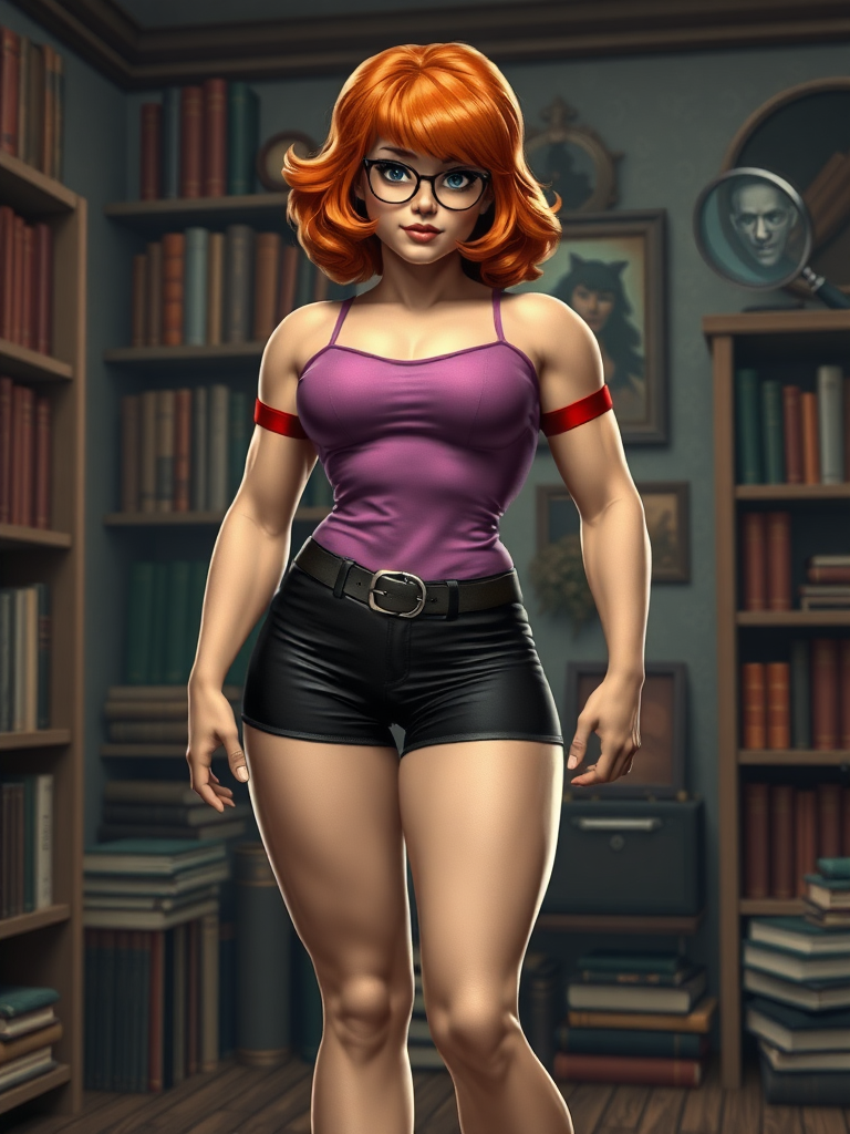 Create a full-length photorealistic image of a composite character featuring Velma Dinkley, utilizing the inverted triangle body type typical of a male bodybuilder. Maintain Velma's original head, hairstyle, and facial features. Preserve and adjust her classic costume to fit her new body structure. Design a background that draws inspiration from Velma's character, incorporating elements like bookshelves, magnifying glasses, or other mystery-solving motifs to enhance the scene's context.