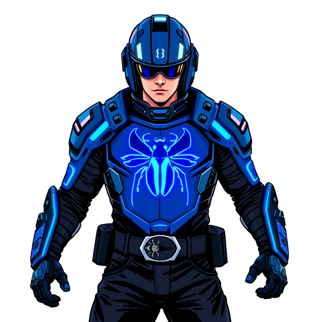 A young adult cyberpunk vigilante stands heroically, clad in high-tech, maximum blue body armor featuring a neon blue glowing beetle on the chest. They wear black biker pants, a black belt with a sapphire beetle buckle, and a helmet resembling Red Hood Jason Todd’s, but colored maximum blue with neon blue lenses. Their hands are protected by black metal gloves, all set against a solid white background. He is drawn as if he was in a retro 2D cyberpunk fighting game.