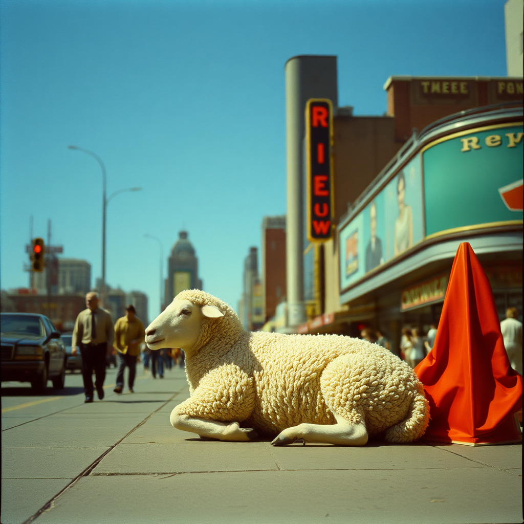 Highly detailed Kodachrome color real surrealist photograph from 1974 of And the lamb lies down on Broadway