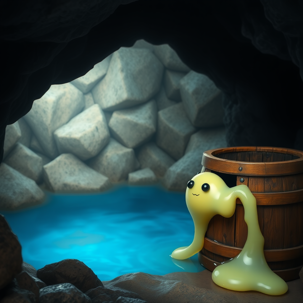 A photo realistic small pool in a cave with a wooden barrel next to it that has a small round transparent pale yellow slime monster crawling out of the barrel.