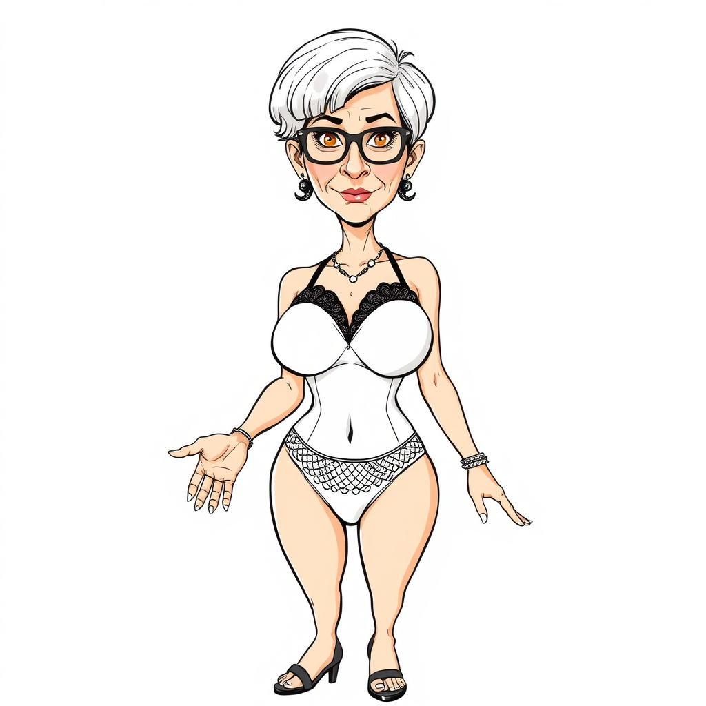 a towering 55 Years old, fit, slim, European, Latina, sharp aquiline nose, wrinkles, high cheekbones, Middle Eastern, Skinny, Tanned skin, Dark light skin, Rounded Medium breasts, Skinny thighs, full Makeup, jewelry, Serious face, Sharp nose, Ash hair, short bowl haircut, Brown eye color, Glasses, with detailed features. she is wearing embroidered black mesh balconette bras and a tight white high cut 1980s mesh cut out swimsuit, detailed fabric.  full body, high heels sandals, she is gesturing at the viewer, sweating, 
long establishing shot, 2D, caricature, cartoon, Sketch lines, coloring book, nlack and white, coloring book style on white background, well composed, clean coloring book page, No dither, no gradient, strong outline, No fill, No solids, vector illustration, realistic proportions