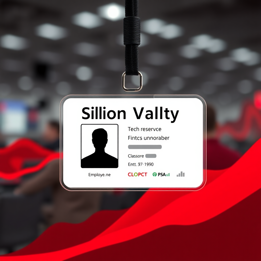 employee id card for tech company, professional themed, silicon valley esqe, red and black dominant color