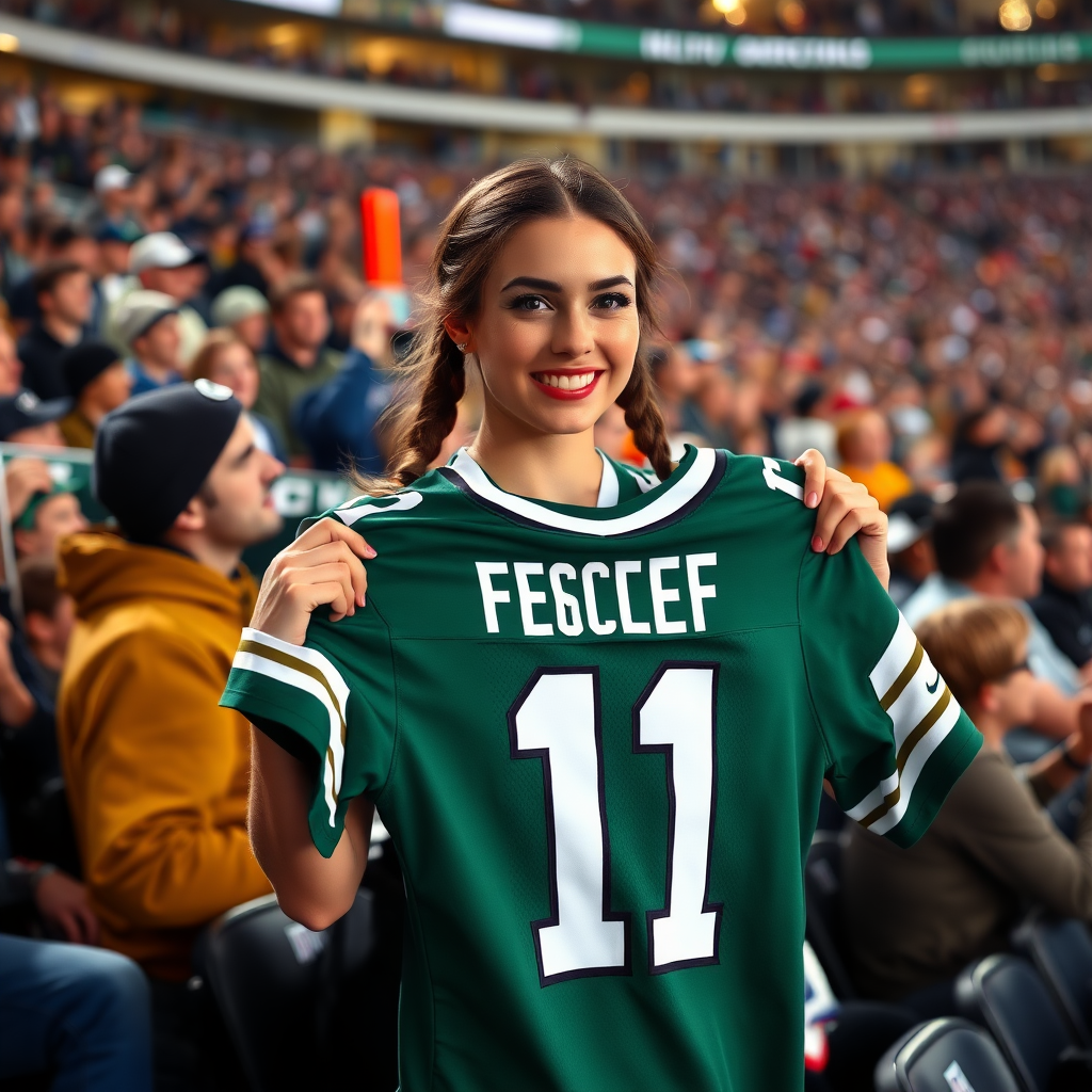 Attractive female NFL fan, pigtail hair, inside bleacher row, crowded, holding up a spare jersey, cheer, NFL stadium