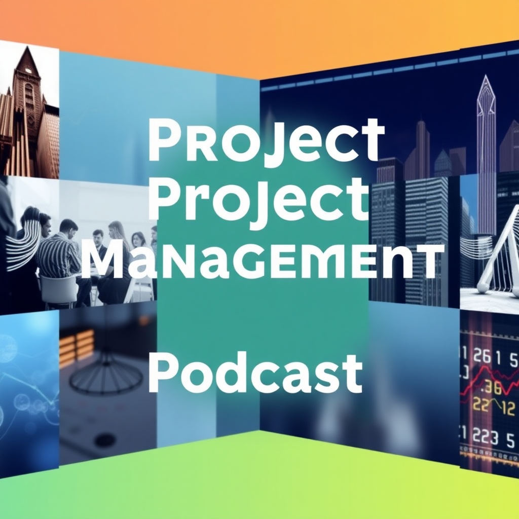 Make me a square image as a cover for a project management podcast, where images related to managing projects in software development can be seen.