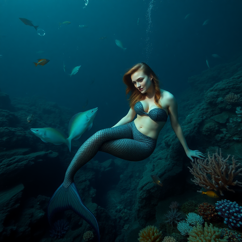 Sookie Stackhouse as a very sexy mermaid. The sea is deep and mysterious and filled with a myriad of ocean life plants, fish, and other aquatic life. In the photography style of Thomas P. Peschak