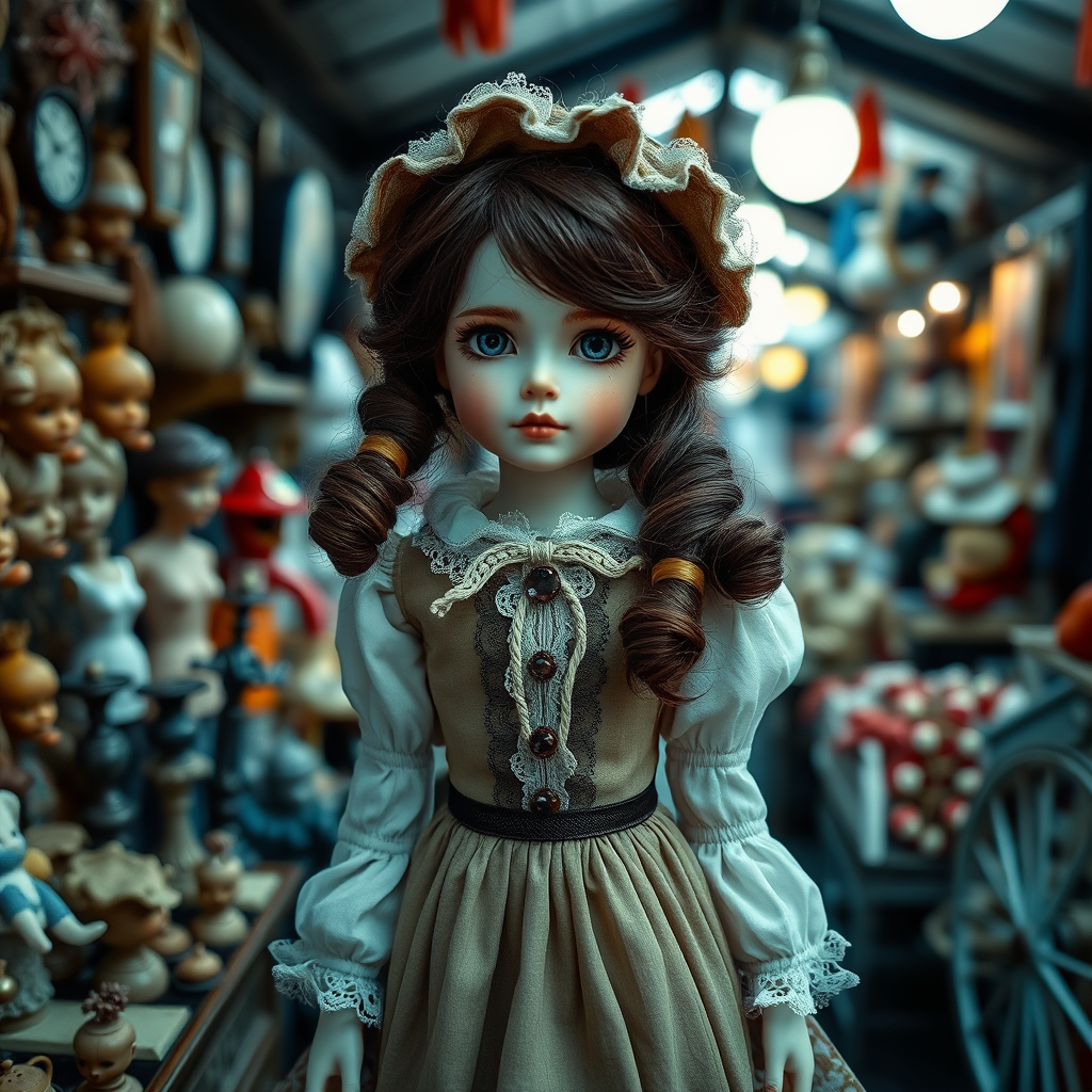 a young porcelain doll in flea market wearing a Victorian dress, artist doll, bjd, high quality photo, intricate environment, ultra-detailed, impressionistic, dynamic composition, artistic photograph