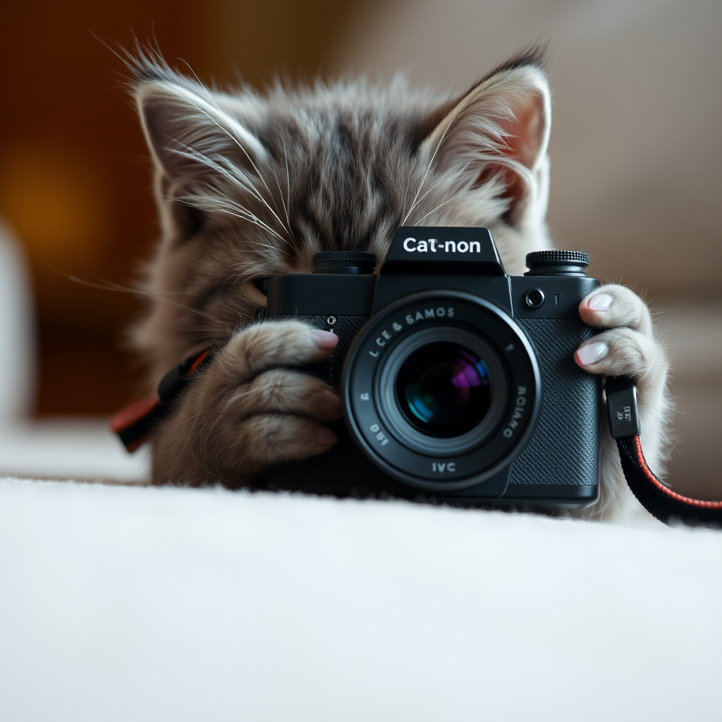 A gray kitten is taking pictures with a camera named Ca(t)non.