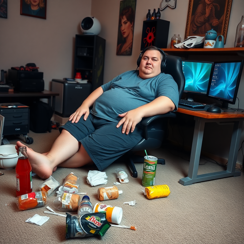 A photo of a lazy and obese man wearing headphones sitting at his gaming computer desk, food and drink trash is littered around the floor.