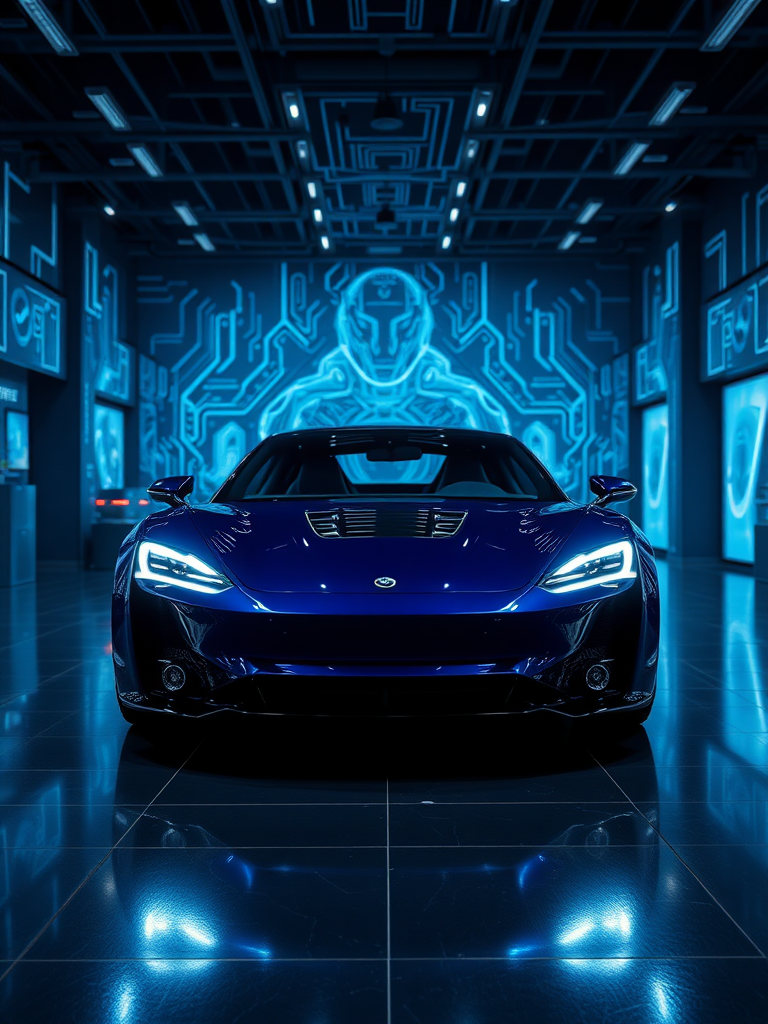 Electric car seen from the diagonal, high quality, very detailed, cybernetic around the electric car displayed in the showroom, the background is drawn cybernetic and mysterious with the feeling of the movie "Tron", the overall color is dark blue for a luxurious look.