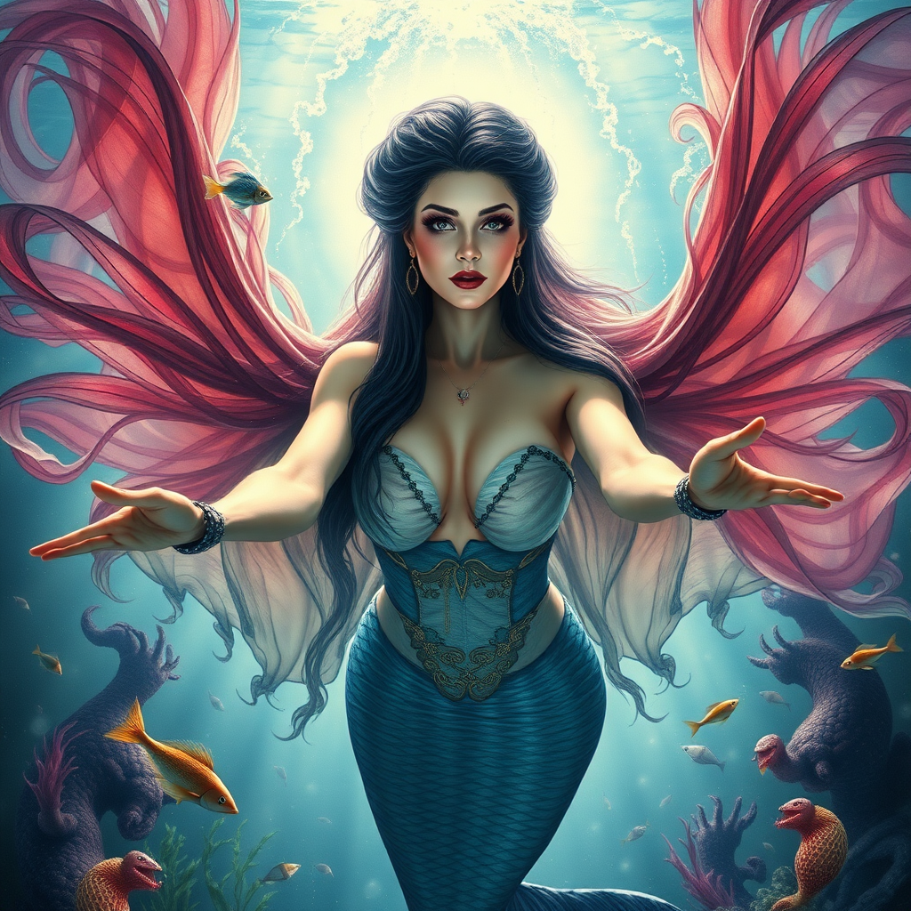 Vampirella as a mermaid underwater amazing loose flowing hair floating in a nimbus around her beautiful face her arms outstretched towards the viewer and she's looking down into the viewer's eyes making intense eye contact. loose fitting diaphanous. Burlesque. Stunning undersea life details plants and fish and other creatures of the sea. Powerful three dimensional graphic effects. Photorealistic watercolor painting effects.