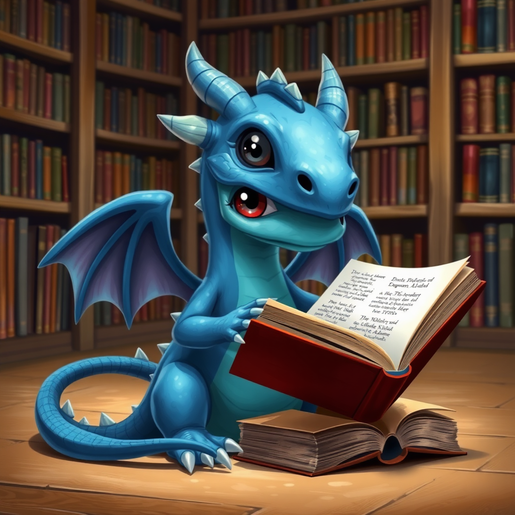 A realistic bored blue small dragon with two legs, two arms, black eyes with red pupils and wings in a library reading from a large book that is sitting on the ground beside him.