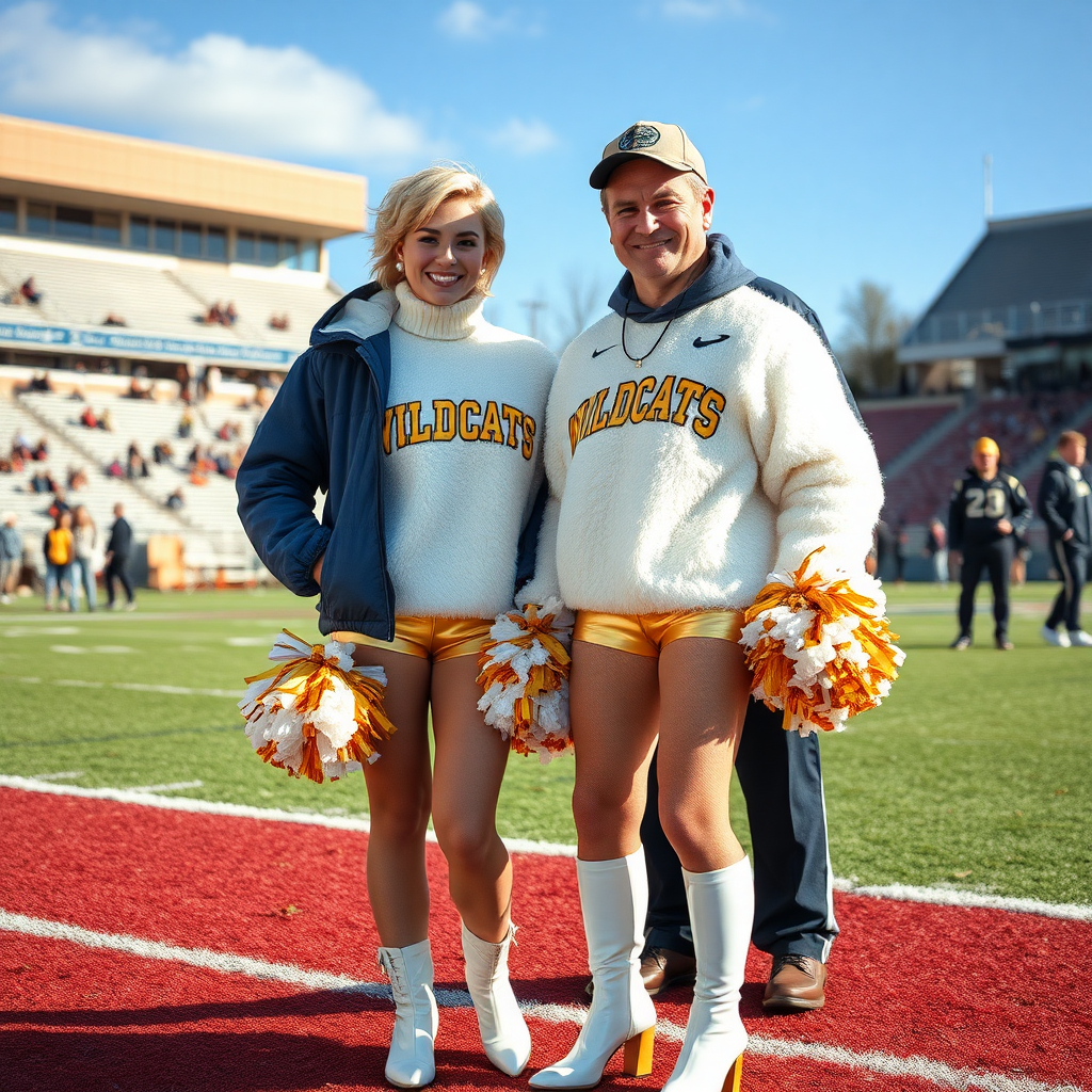 Sunny cold fall noon, college football stadium game, cheerleaders leader squat: Ana, European 17 years old very convincing femboy “QB’s trophy-bimbo”, tamed servile docile, very beautiful feminine flawless face, rather short boyish figure, platinum blond short tight curls, bold red lips, heavily made-up face, fluffy very fuzzy bright white plushy hazy thick angora turtleneck-sweater with “gold “WILDCATS” letters, vinyl gold short shorts, mesh pantyhose, white vinyl thigh-high boots with golden heels, large gold-white pompoms, pearl earrings, standing, shoulders slightly arched back to present her assets, posing for photo with Hank: older tall overweight male football coach, wearing college football coach outfit, triumphant smile, nimbly patting Ana. Jealously watching from behind: very angry wildcat’s QB.