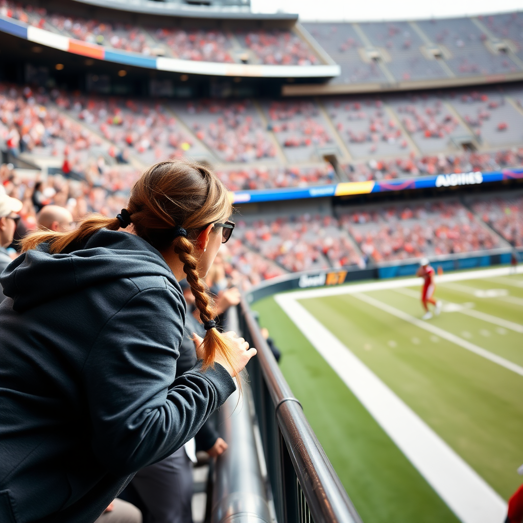 Attractive female NFL fan, pigtail hair, leaning forward over front row stadium barriers, fangirling over an NFL player who's on the field