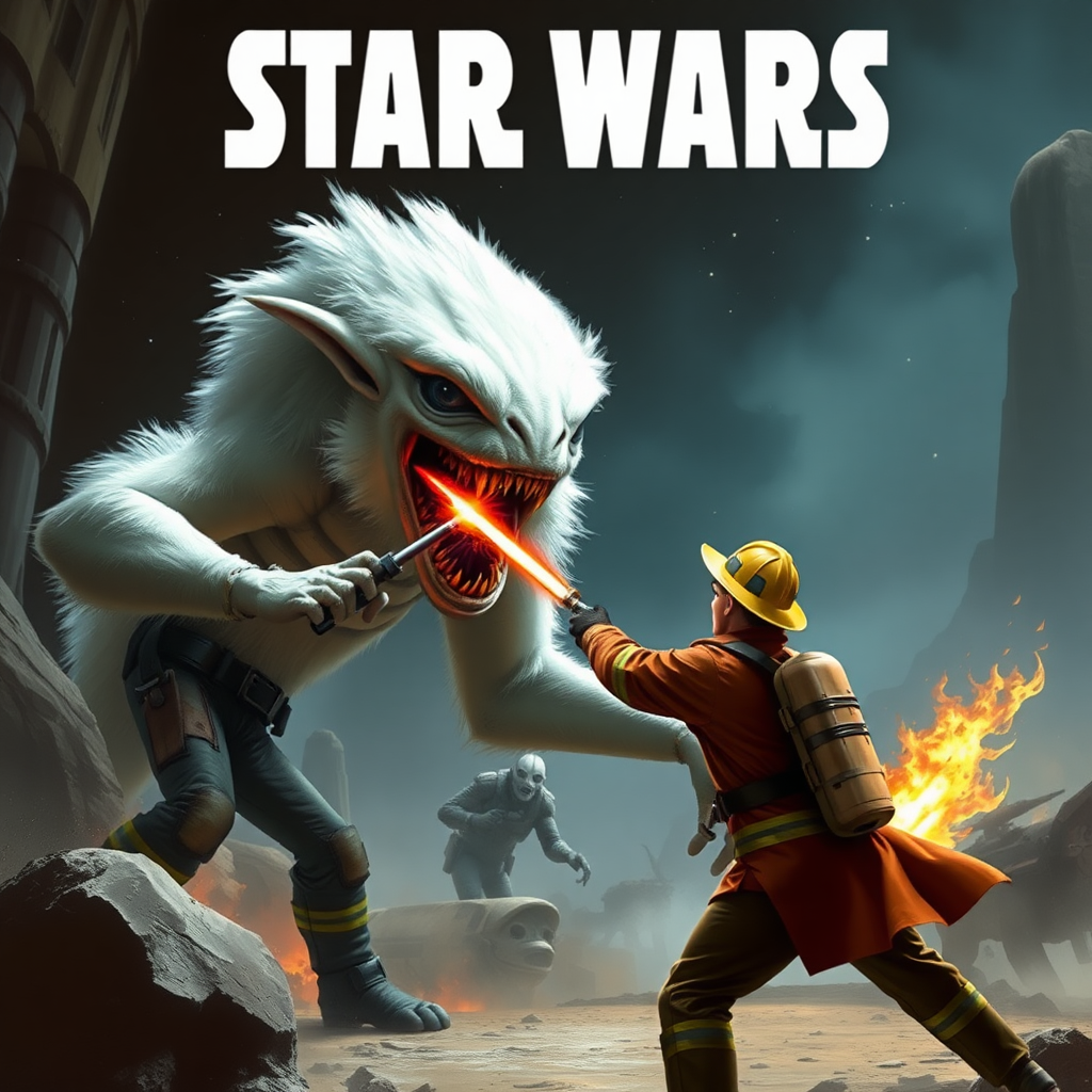 A fireman fighting a giant alien in a Star Wars-like setting, the alien must be furry, white, and with big fangs.