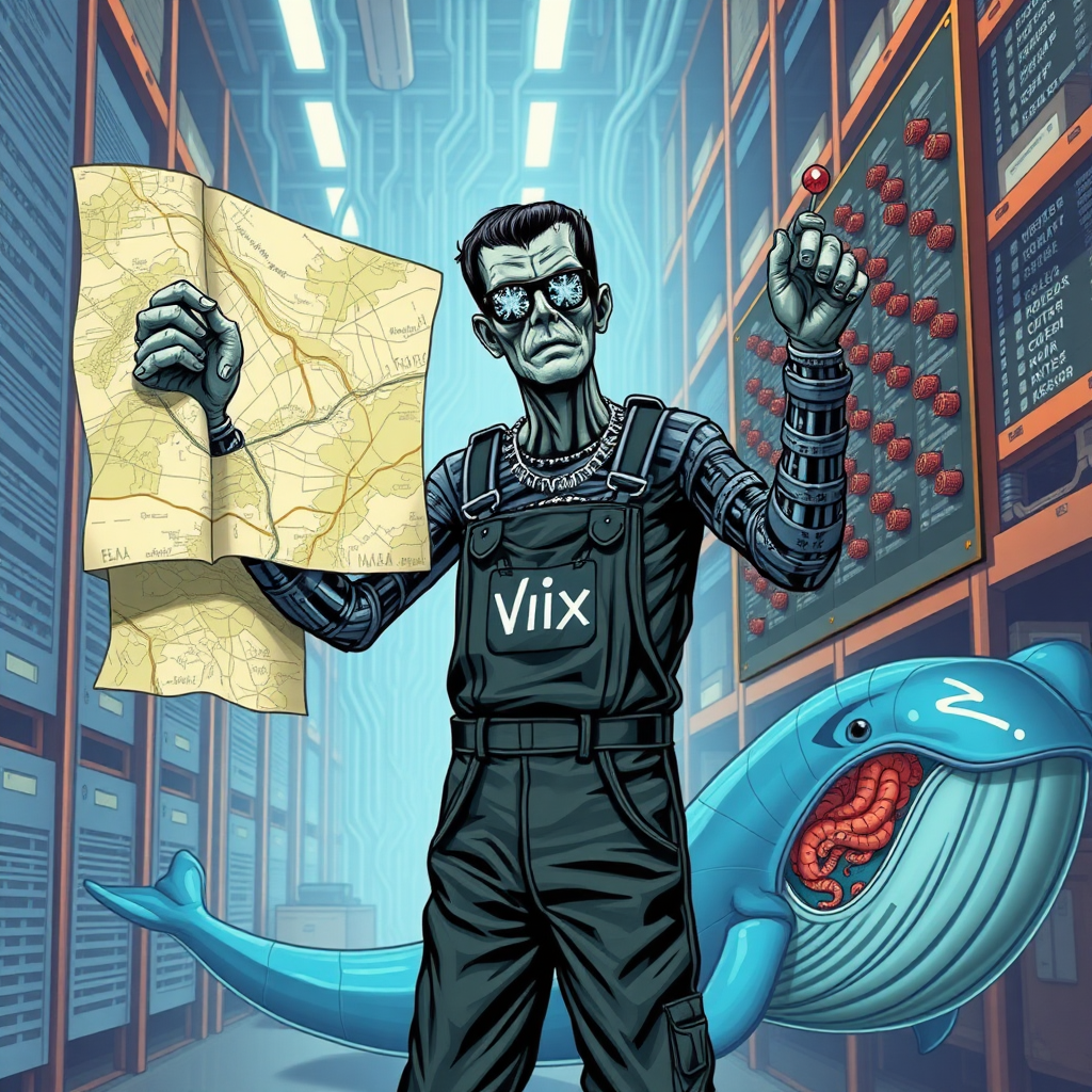 a cyberpunk frankenstein holding a big map in one hand and reaching for marker pins on a high board in a data warehouse, his arms are made of pythons. In the background are streams of data. His Overall reads "nix". He wears glasses in shape of snowflakes. he stands in front of a puzzled blue whale with intestines coming out.