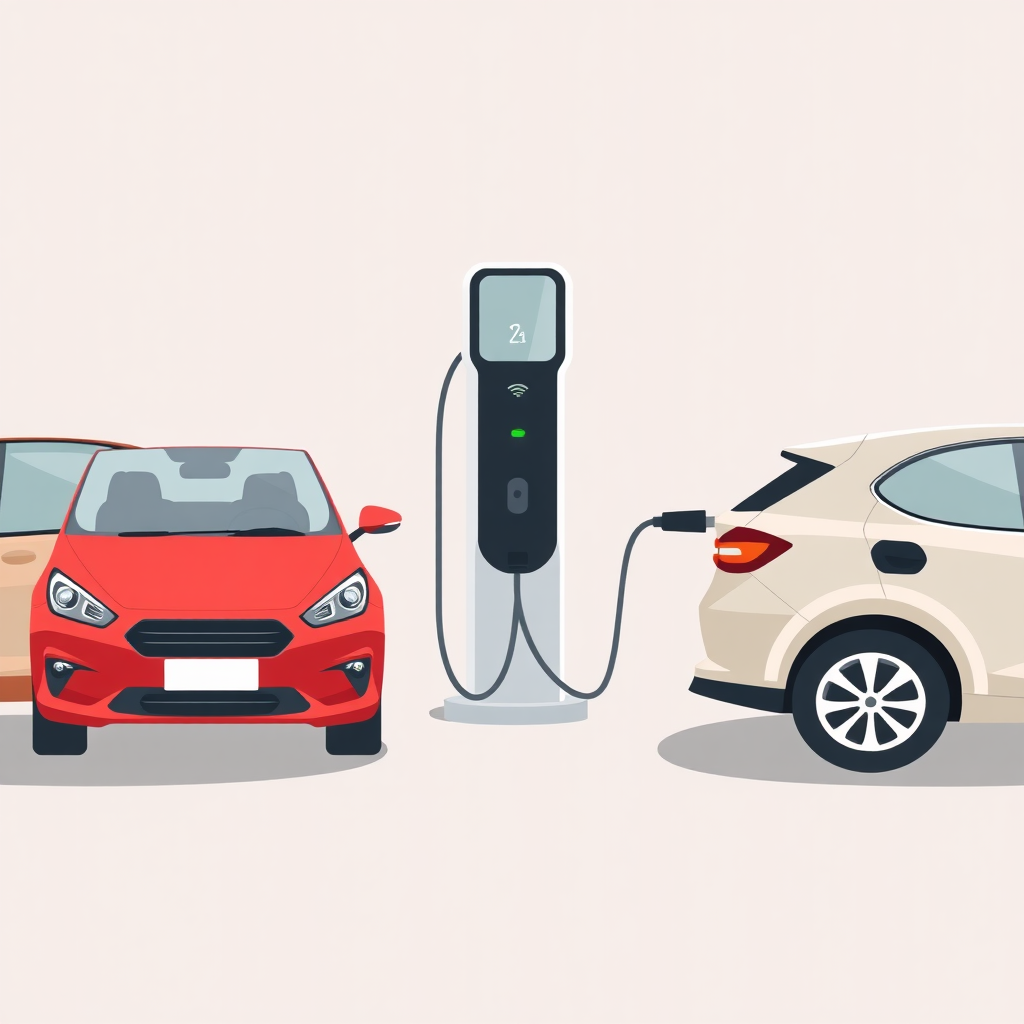 A simple flat illustration of an EV charger with two cars connected, cars are fully visible, one on each side, the illustration is symmetrical.