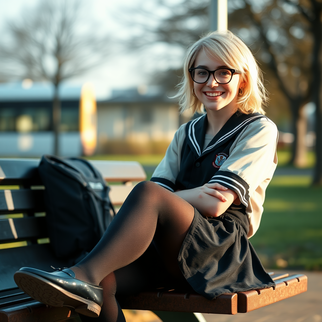 photorealistic, ultra high resolution, 16K, surreal fantasy, soft studio lighting, a pretty 18 year old goth male, slim male physique, short blonde hair, black glasses, goth makeup, earrings, shiny black pantyhose, UK girls-school uniform, Mary-Jane shoes, sitting on his boyfriend's lap on a bench waiting for the school bus, in daylight, excited smile, facing the camera.