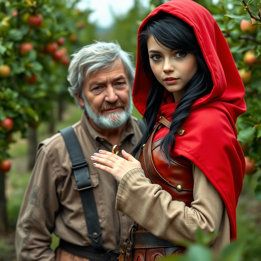 A photo realistic girl with black hair and brown eyes in red leather armor and a red hood showing a small golden ring to an old man in dirty work clothes while standing in an apple tree orchard.