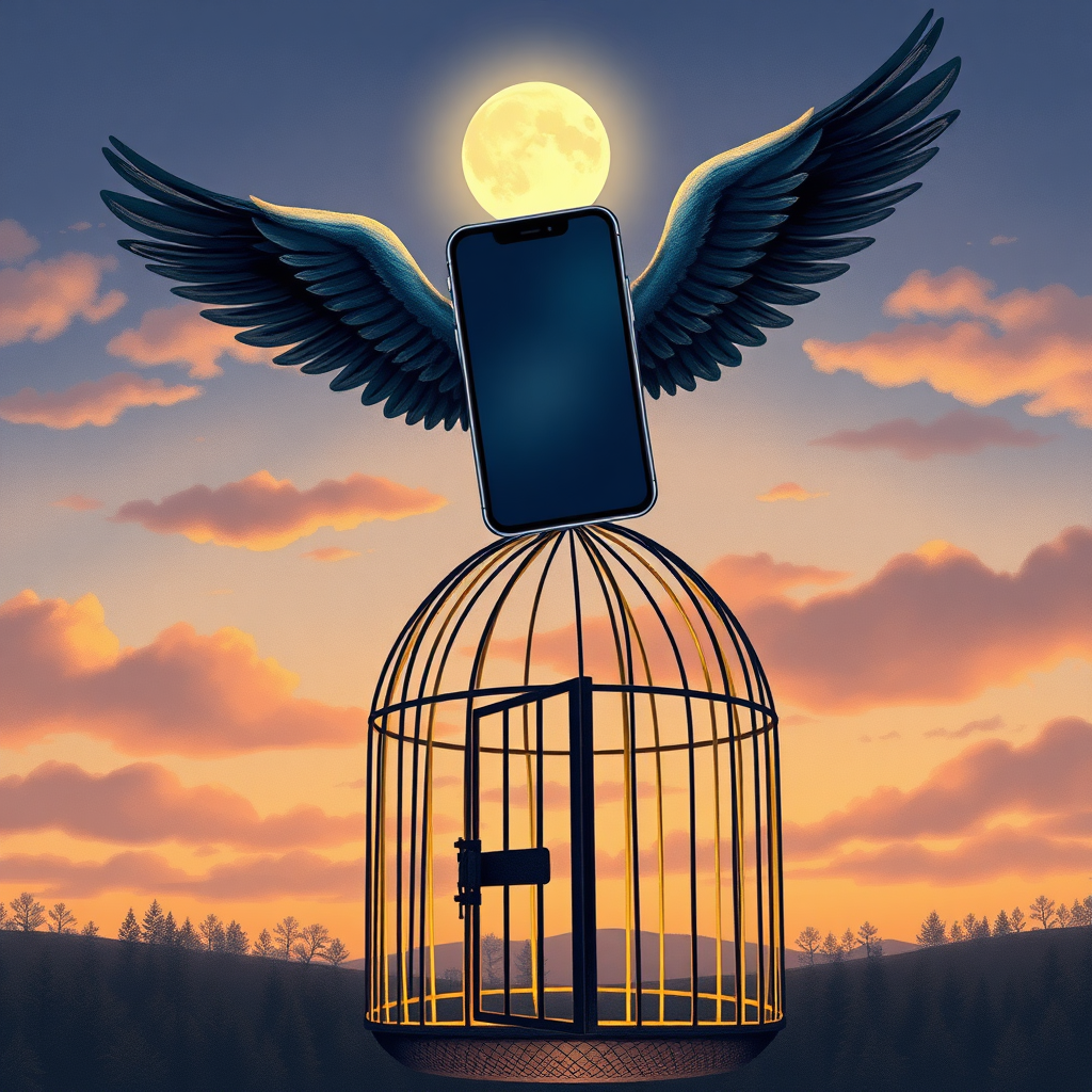 An iPhone with wings flying into a twilight sky above a bird cage with an open door, in the style of a professional children's illustration, lots of detail