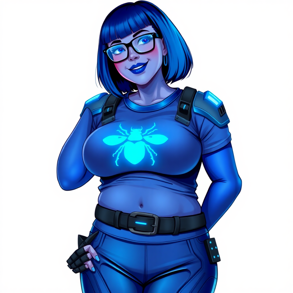 A 28-year-old, full-figured, metallic maximum blue (5PB 5/10) skinned computer program hybrid with a maximum blue bob cut. She has a non-athletic build, highlighted by a prominent, round, large midsection (with full emphasis on her round belly), which shows the effects of her love of junk food acquired from her boyfriend. As the full-figured, nerdy, digital sidekick to her cyberpunk vigilante boyfriend, her metallic maximum blue skin and maximum blue lipstick (5PB 5/12) emphasize her digital nature. Her skin has a subtle, animated glow, with digital patterns occasionally flickering across it, making her digital nature obvious. She wears a digital, computerized, superhero costume, consisting of a massive, tight-fitting, maximum blue t-shirt (5PB 5/12) made out of advanced nanotech with a neon blue chest icon of a beetle, hi-tech shoulder pads with neon blue accents, a black hi-tech belt with a digital neon blue glowing buckle, digital maximum blue biker pants (5PB 5/12) with neon blue accents, and black hi-tech fingerless biker gloves with neon blue glowing accents. Her neon blue glowing eyes, black eyeglasses with neon blue glowing lenses equipped with a built-in HUD, and bashful smile with neon red blush accentuate her nerdiness. She stands bashfully with one hand behind her back and the other hand gently touching her cheek, her costume covering all her skin (especially her midsection) and fully emphasizing her full figure (especially her round belly). She is clearly non-athletic, with a focus on her full-figured physique. Despite her build, she radiates beauty. She has a slim face compared to her physique, accentuating her radiant beauty. She is on a solid white background. She is drawn as if she were in a retro 2D cyberpunk fighting game.