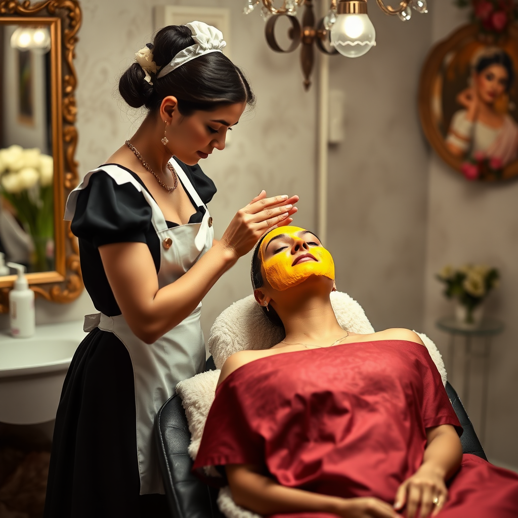 female french maid working in beauty parlour, giving turmeric facial to indian wife