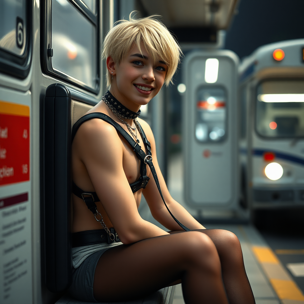 photorealistic, ultra high resolution, 16K, surreal fantasy, studio lighting, a pretty 16 year old goth boy, slim male physique, short blonde hair, goth makeup, earrings, pantyhose, harness, spikey dog collar and leash, trainer-bra, white ballet shoes, sitting at the bus stop, excited smile, facing the camera.