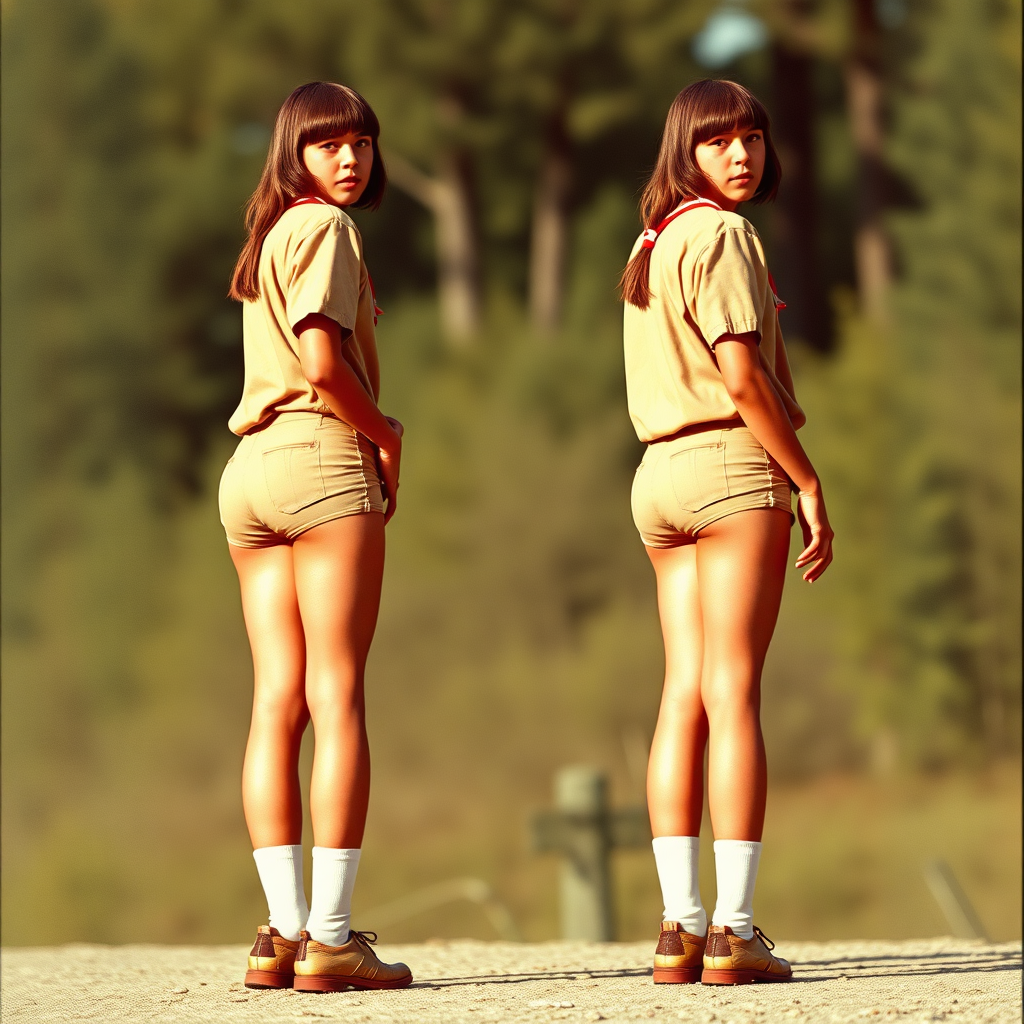 two tall 14yo teen boys, long hair bob cut, wearing American boy scout uniform with very tight booty shorts, socks, shoes, long legs, narrow thighs, full-length view. 1970s. photorealistic, ultra high resolution, 16K, Negative: grainy, blurry, bad anatomy, extra limbs, watermark.