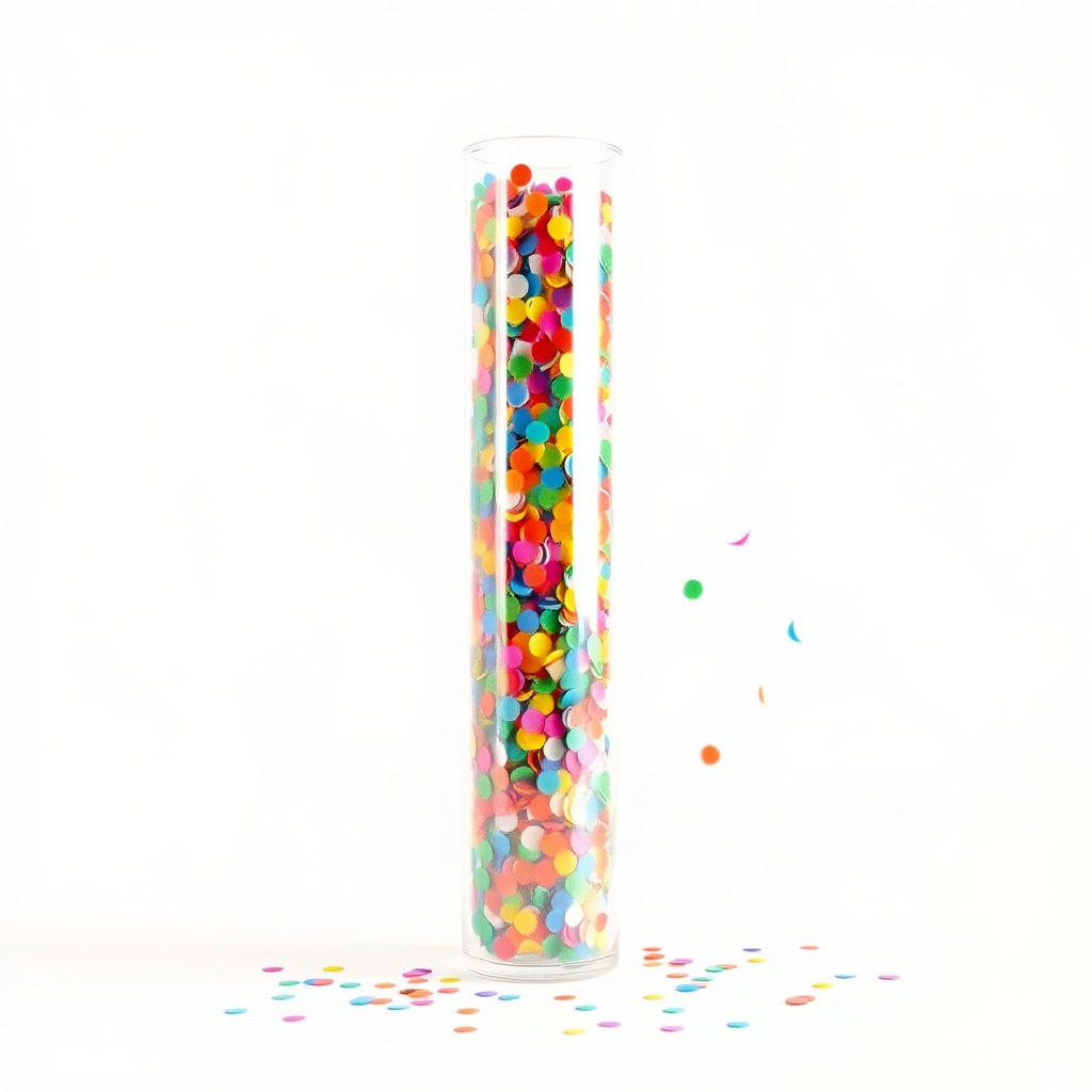 vertical glass tube full of colorful confetti, white background, realistic, beautiful