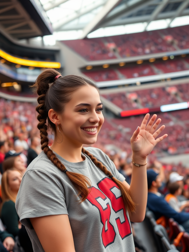 Attractive female NFL fan, pigtail hair, cheering, inside crowded bleachers, NFL stadium