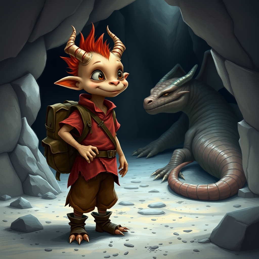 A small, skinny, light brown kobald monster in a tattered red tunic and dirty brown pants wearing a backpack on his back who is excited to see a large sleeping dragon in a cave.