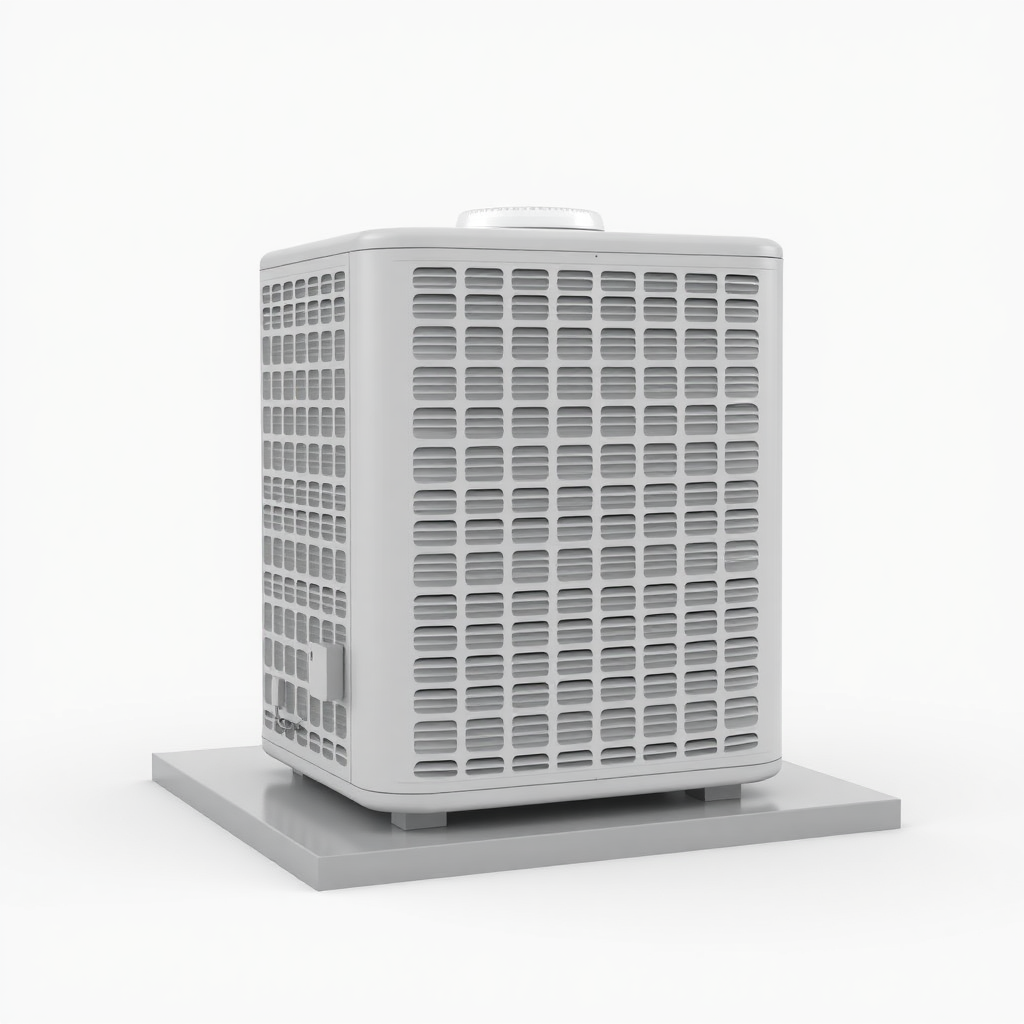 A simple, 3D model of a standard residential outdoor air conditioning unit or condenser. The unit should be placed on a flat surface. The unit should be a neutral color. Plain, uncluttered background. No text.