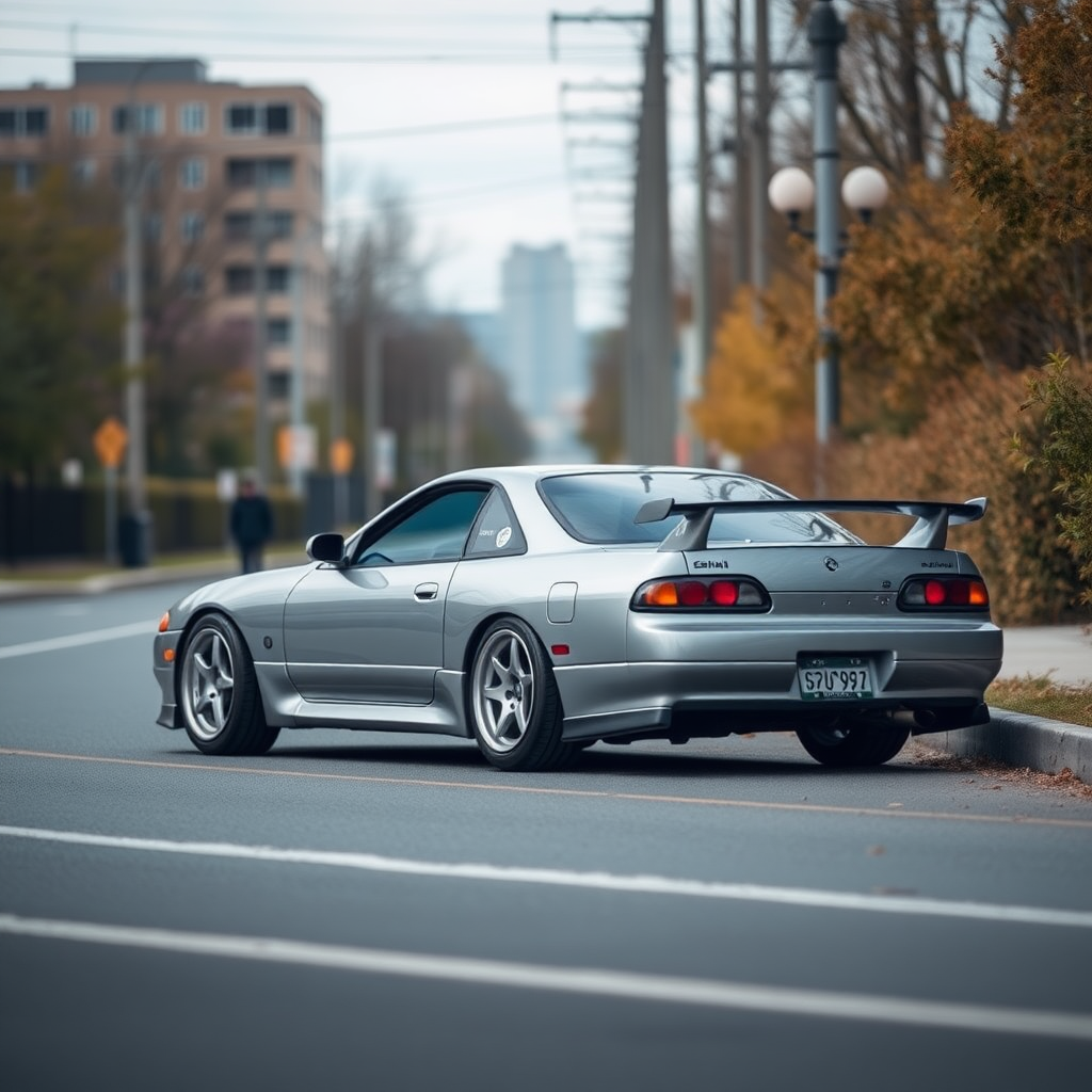 Nissan Silvia S14 the car is parked on the side of the road, inspired by Taiyō Matsumoto, tumblr, restomod, nd4, c4