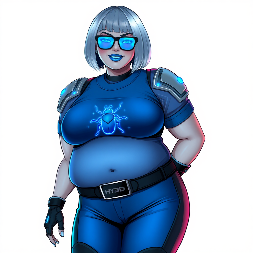 A 28-year-old, full-figured, metallic light neutral gray (N7) skinned computer program hybrid with a maximum blue bob cut. She has a non-athletic build, highlighted by a prominent, round, large midsection (with full emphasis on her large belly), which shows the effects of her love of junk food acquired from her boyfriend. As the full-figured, nerdy, digital sidekick to her cyberpunk vigilante boyfriend, her metallic light neutral gray skin and maximum blue lipstick (5PB 5/12) emphasize her digital nature. Her skin has a subtle, animated glow, with digital patterns occasionally flickering across it, making her digital nature obvious. She wears a digital, computerized costume, consisting of a huge, tight-fitting, maximum blue t-shirt (5PB 5/12) with a neon blue glowing chest icon of a beetle, hi-tech shoulder pads with neon blue accents, a black hi-tech belt with a digital neon blue glowing buckle, digital maximum blue biker pants (5PB 5/12) with neon blue accents, and black hi-tech fingerless biker gloves with neon blue glowing accents. Her neon blue glowing eyes, black eyeglasses with neon blue glowing lenses equipped with a built-in HUD, and bashful smile with neon red blush accentuate her nerdiness. She stands bashfully with one hand behind her back and the other hand gently touching her cheek, her costume covering all her skin and fully emphasizing her full-figured physique (especially her large belly). She is clearly non-athletic, with a full focus on her full-figured physique. Despite her build, she radiates beauty. She has a slim face compared to her physique, accentuating her radiant beauty. She is on a solid white background. She is drawn as if she were in a retro 2D cyberpunk fighting game.