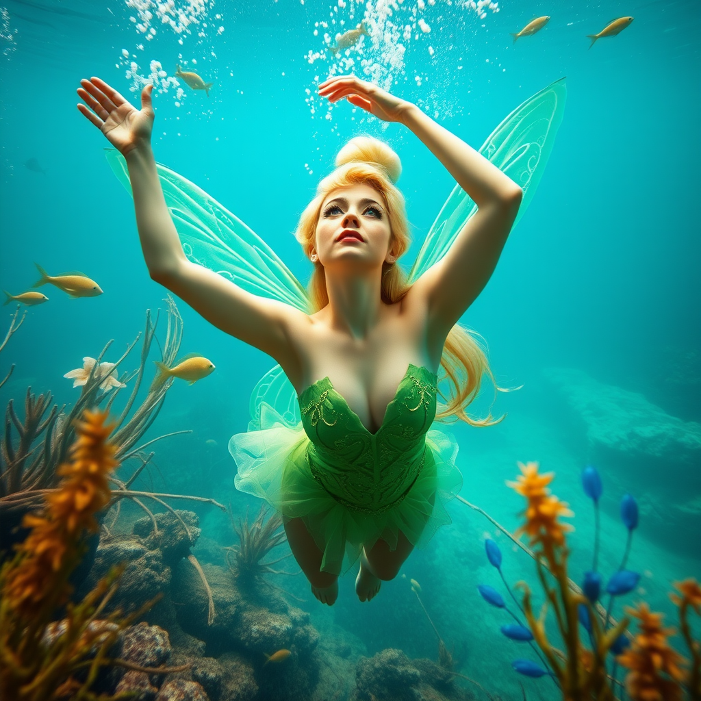 A woman cosplaying as Tinkerbell she's floating underwater surrounded by sea creatures and plant life. Her graceful arms float above her head. In the photographic style of Richard Fegley on DSLR