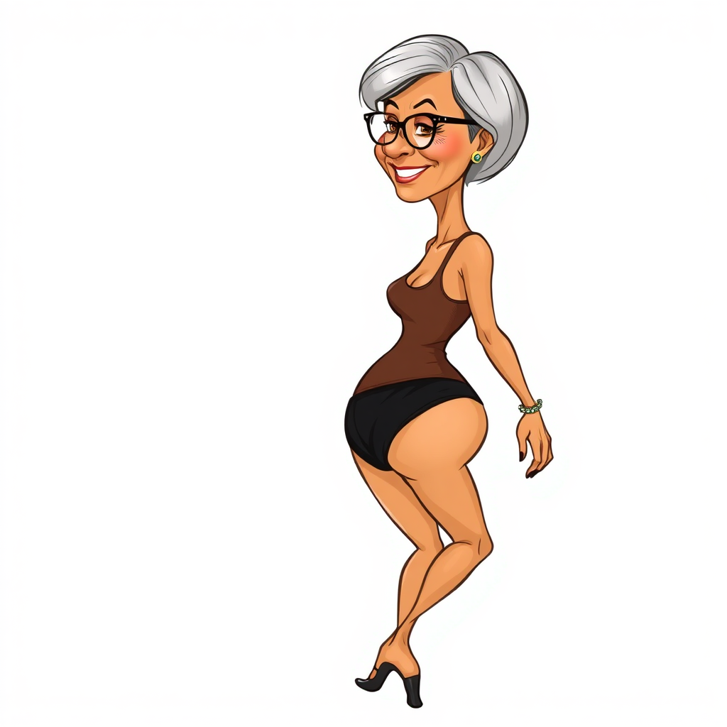 55 Years old, European, Latina, sharp aquiline nose, wrinkles, high cheekbones, Middle Eastern, Skinny, Tanned skin, Dark light skin, Rounded Medium breasts, Skinny thighs, round ass, full Makeup, jewelry, Serious face, Sharp nose, blushing, Ash hair, short bowl haircut, Brown eye color, Glasses, with detailed features. swaying hips, smiling, She is walking away, back side view, she is looking over her shoulder, she is wearing a brown mesh tight tank top and a tight full coverage black ruched thong, visible panty line, detailed fabric.  full body, high heels sandals, long establishing shot, 2D, caricature, cartoon, Sketch lines, coloring book, coloring book style on white background, well composed, clean coloring book page, No dither, no gradient, strong outline, No fill, No solids, vector illustration, movement lines. realistic proportions