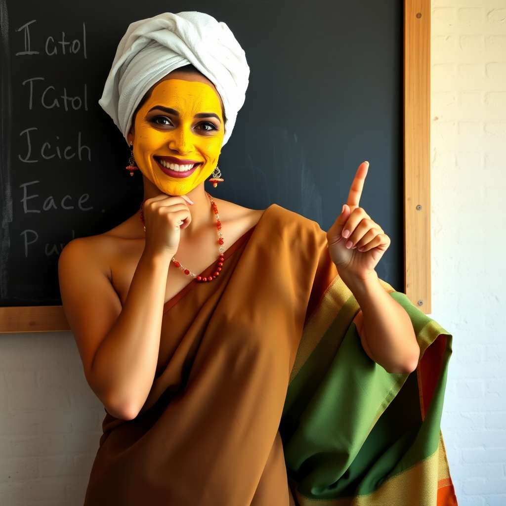 slim, 30 year old, sexy, french female school teacher, saree, towel head, turmeric face mask. She is smiling and teaching on a blackboard