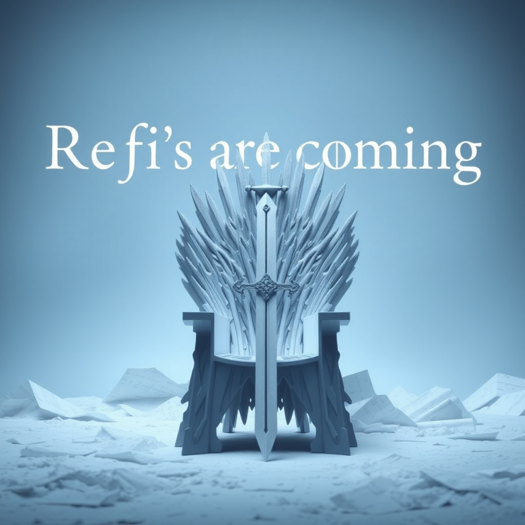 An epic movie scene depicting the game of thrones sword chair made out of white paper. The text in the background says “Refi’s are coming.” It should be similar in style to “winter is coming” vibes as shown in the movie.