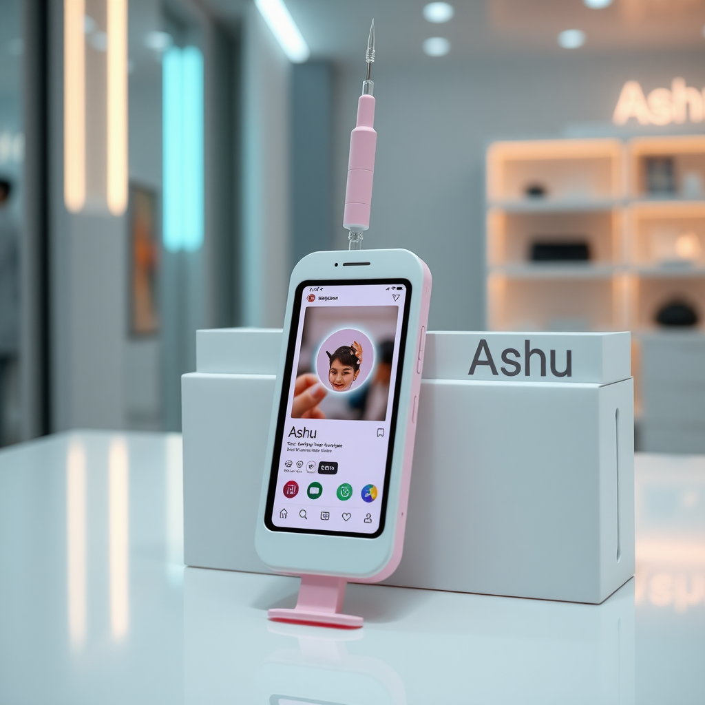 A close-up straight front view of a mobile phone in the shape inspired by a syringe, white pink futuristic, kept for sale leaning to a box with text Ashu and minimal design, in a showroom, touchscreen phone with an Instagram page open on the screen, needle on top, whitepunk.