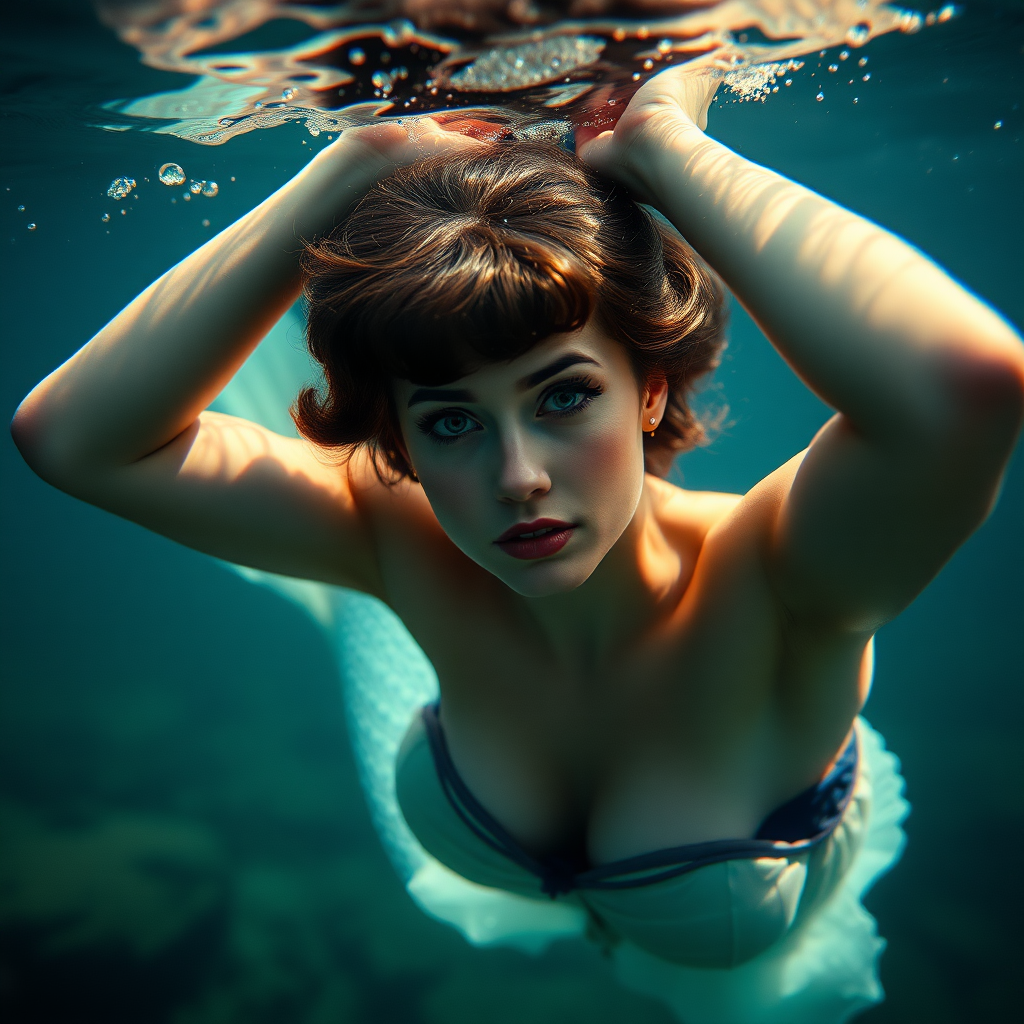 Snow White as a mermaid. She's floating underwater with arms up. She's looking intensely at the viewer of the photo. The eye contact is palpable and mystical. Her short hair floats like a beautiful nimbus around her head and her shiny scaled tail is curled beside her. Gossamer Diaphanous. Vamp it up! HD DSLR Photo