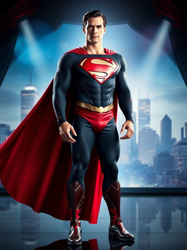 Create a full-length image of Superman with the female body type of Zatanna. Position the character standing confidently with a blend of Superman's iconic costume and Zatanna's elegant style. The background should be a fusion of Metropolis's skyline and a mystical stage, reflecting both superhero and magical elements. Ensure the setting complements the character's powerful yet enchanting presence, maintaining vibrant colors and dynamic lighting.