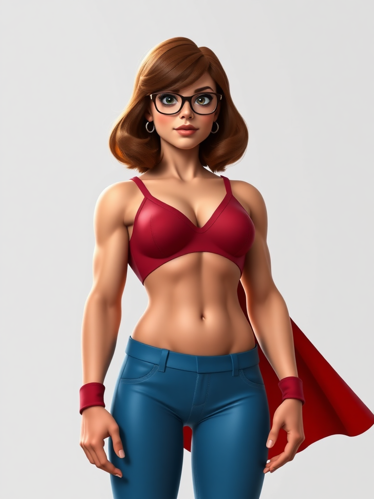 Generate a full-length hyper-realistic render of Velma Dinkley. Instead of her usual build, depict her with a muscular physique reminiscent of a chiseled superhero - defined muscles and a V-shaped torso. Retain her original head features. Adjust the silhouette accordingly to reflect these changes. Set the character against an appropriate background.